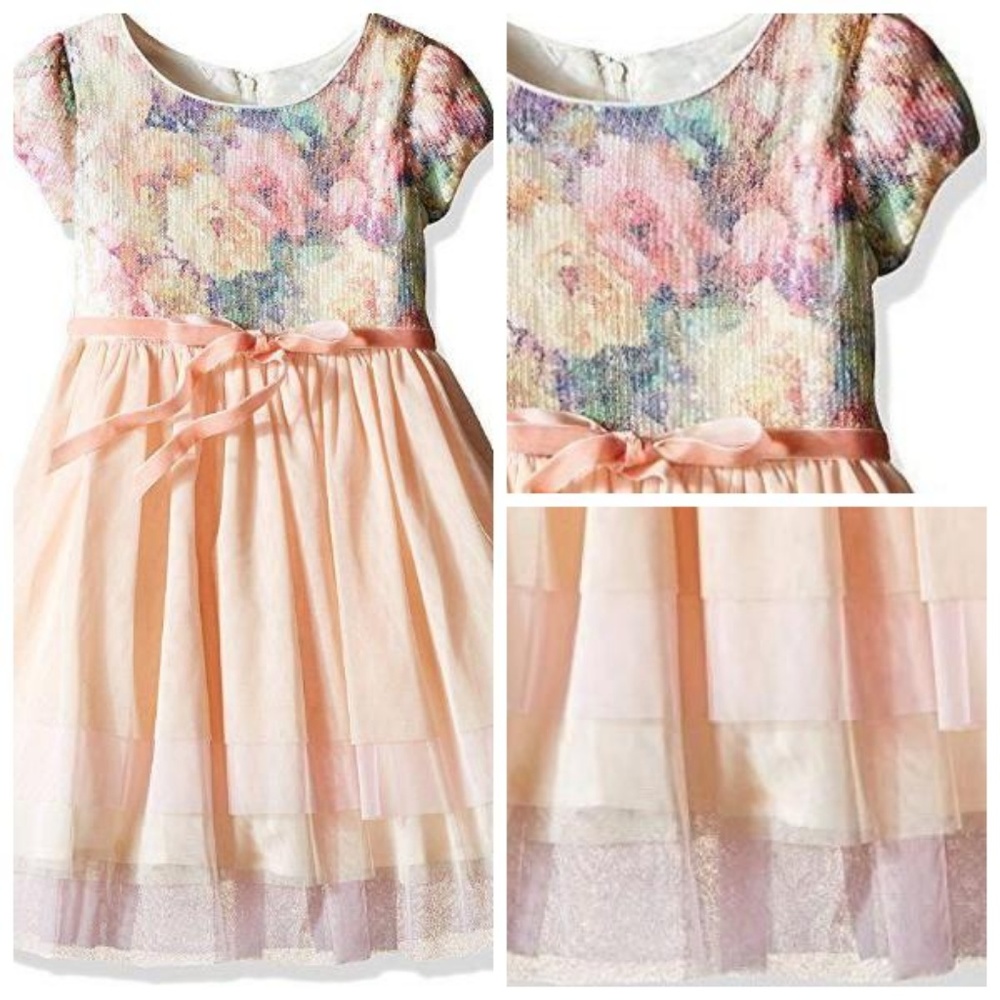 Us Angels Girls Floral Sequin Tiered Tulle Mesh Formal Dress Size 4 4T Coral Bow